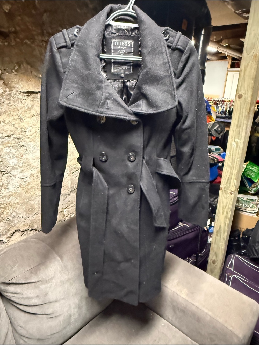 GUESS Los Angeles women's double-breasted, belted wool-blend trench/pea coat S